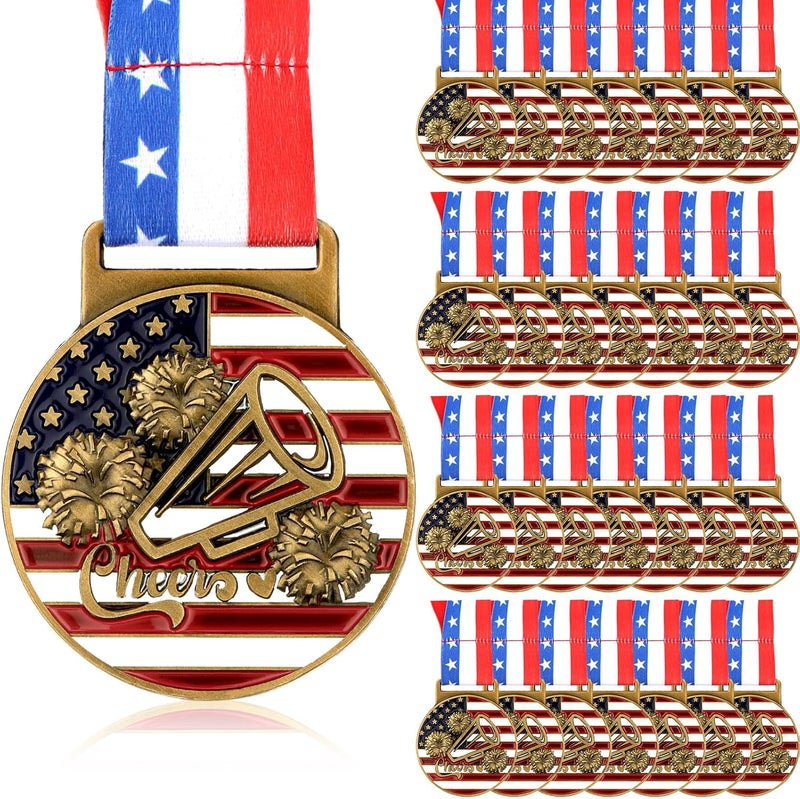 Loetere 30 Pieces Patriotic Medals Gold Medals Bulk Trophy with Neck Ribbons Spirit Medallion with Stars Stripes American Flag for Sports Trophy Participation Winner Gift - Image 1